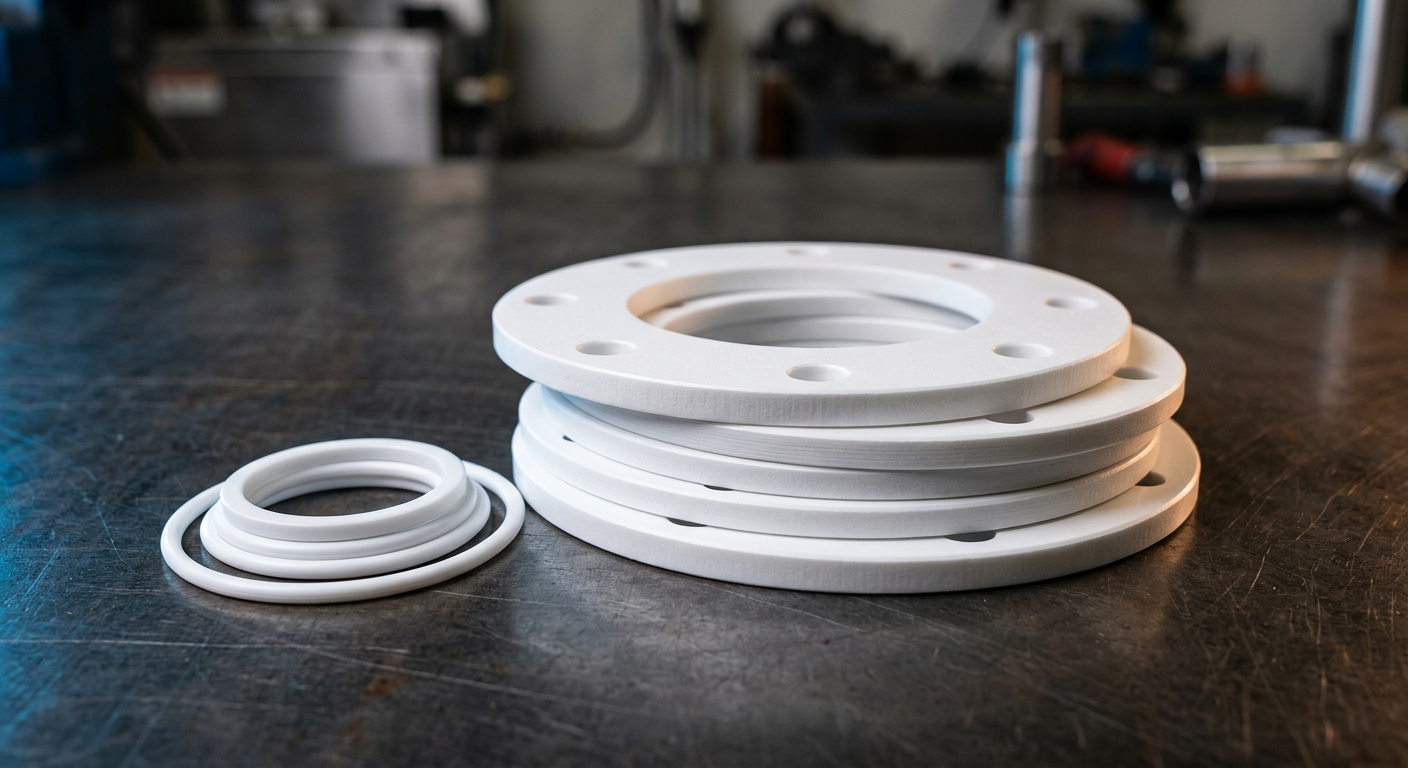 Çelik yüzey üzerinde istiflenmiş beyaz PTFE flanş contaları